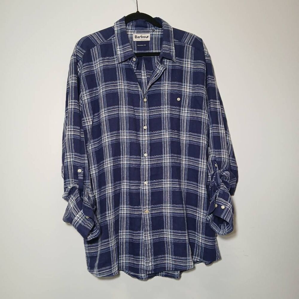 Barbour mens xl linen lyocell shirt tab sleeve blue plaid longsleeve casual